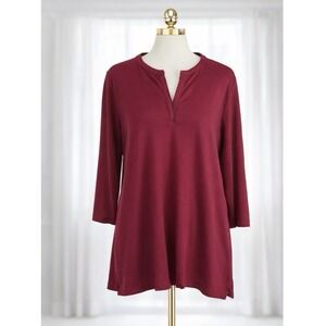 L.L. Bean Split Neck Popover Knit Top 3X Burgundy‎ Red 3/4 Sleeve Cotton